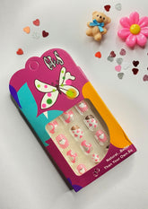 Children False Nails With Pink and White Hearts and Stripes Patterns