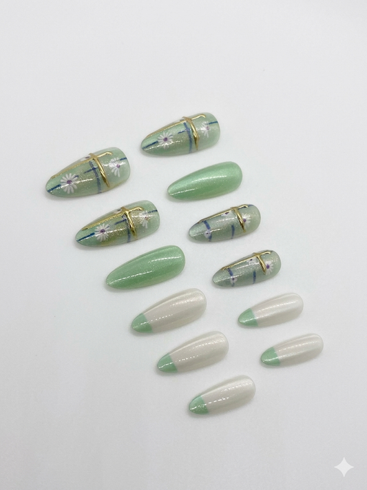 Mint Floral Press-On Nails With Application Kit