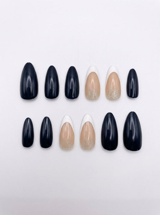 Midnight Black & Champagne Glitter Almond Nails With Application Kit