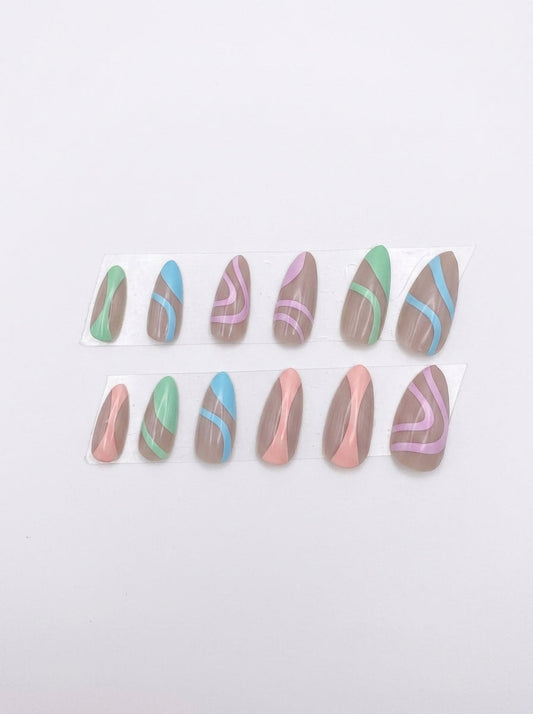 Pastel Swirl Almond Press-On Nails With Application Kit