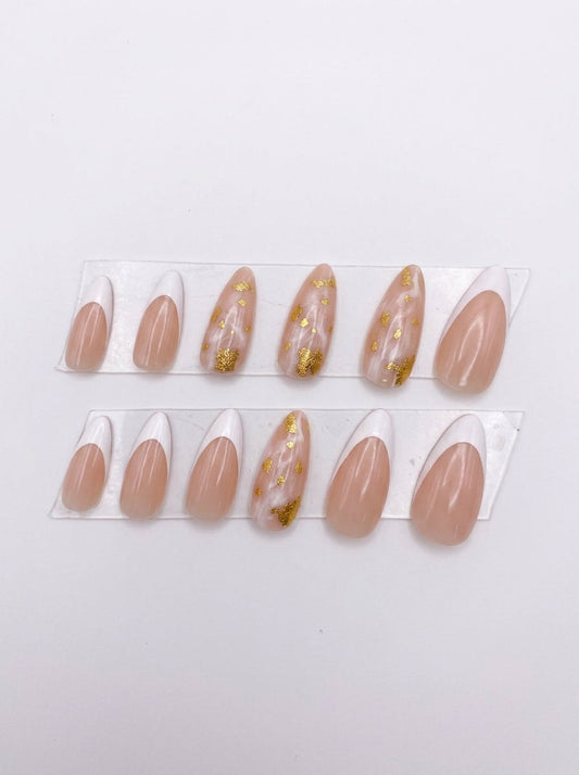 Gold Foil Marble Almond Nails With Application Kit