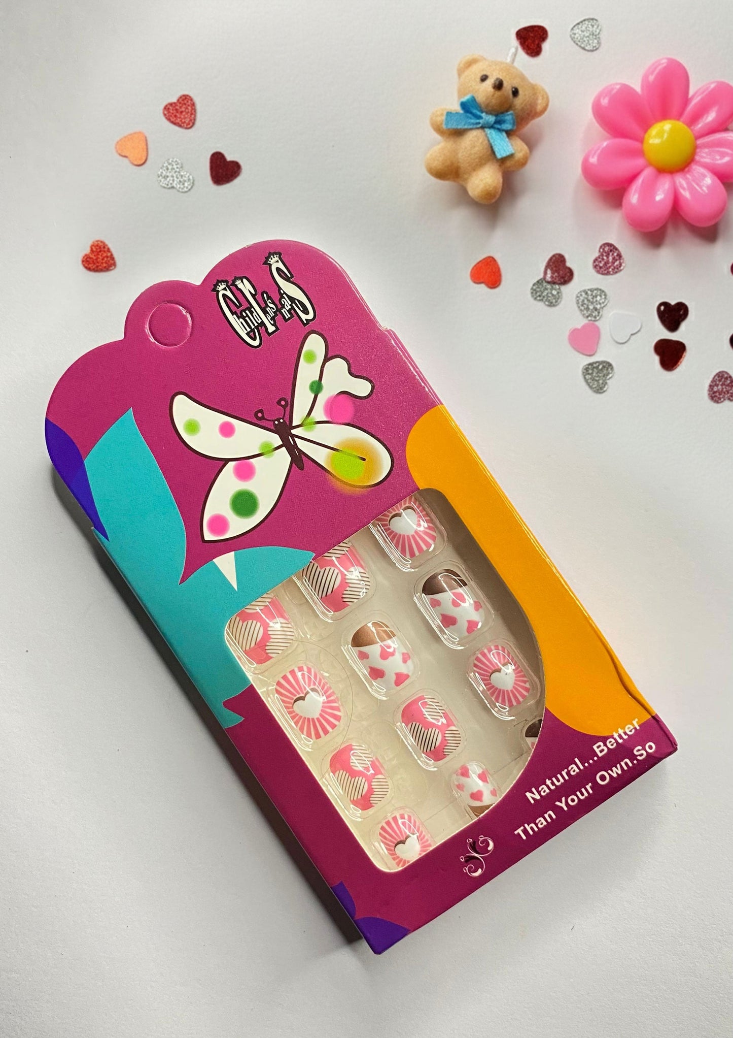 Children False Nails With Pink and White Hearts and Stripes Patterns