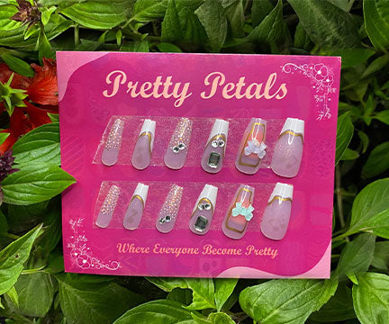 Coffin Style White Tip Floral and Rhinestone Press-on Nails With Application Kit