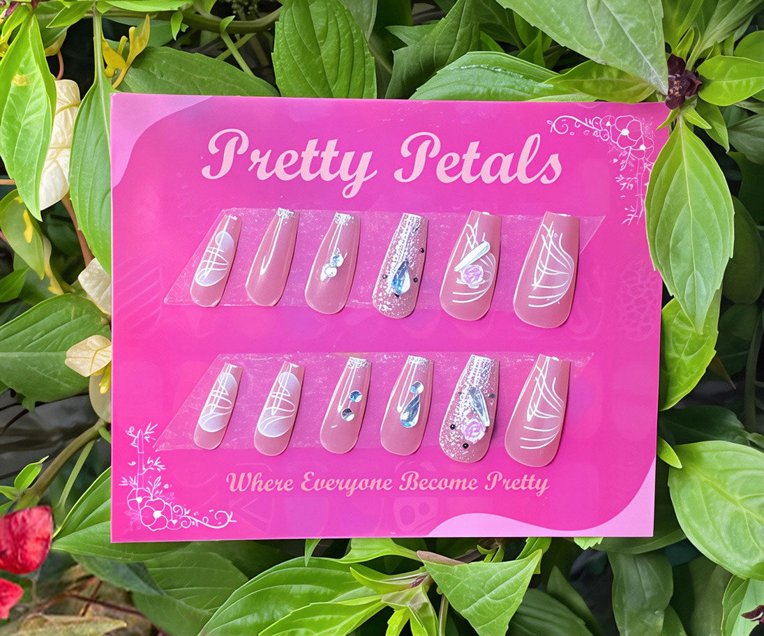 Pink Floral and White Press-on Nails With Application Kit