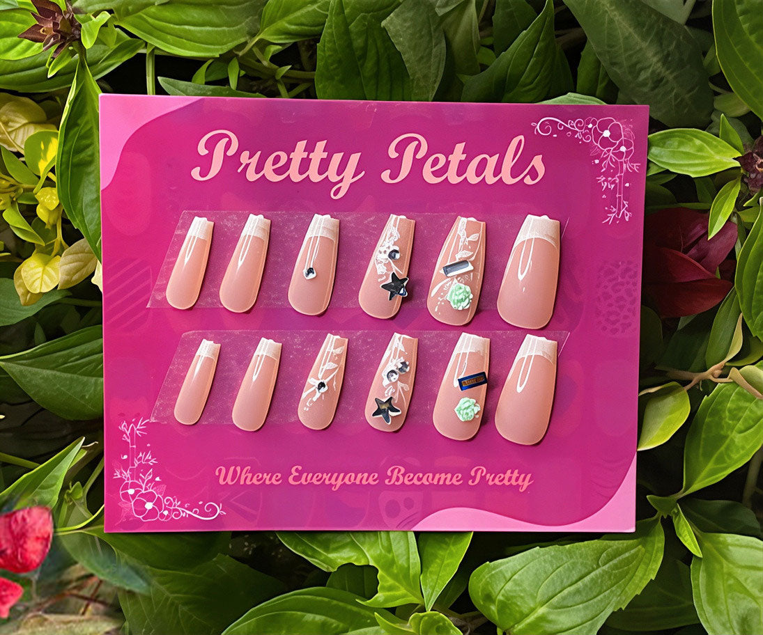 Star, Bow And Rhinestone French Tip Press-on Nails With Application Kit